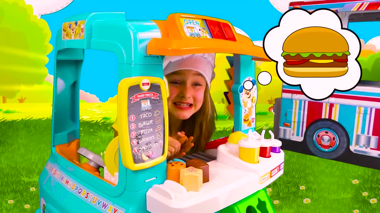 A hungry bear opens his own food truck! Watch as Sasha helps him serve delicious pretend meals to all his animal friends.