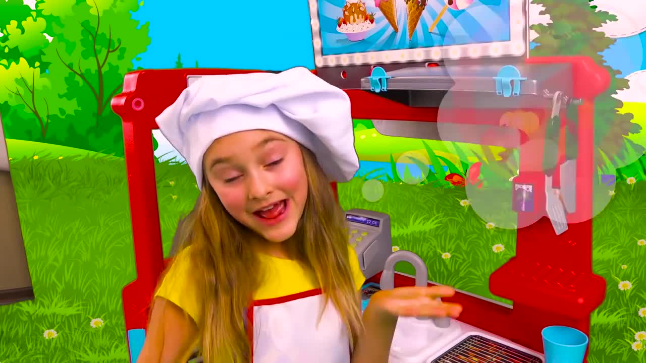 This educational video uses fun food truck toys to teach children about different types of food, cooking, and running a small business.